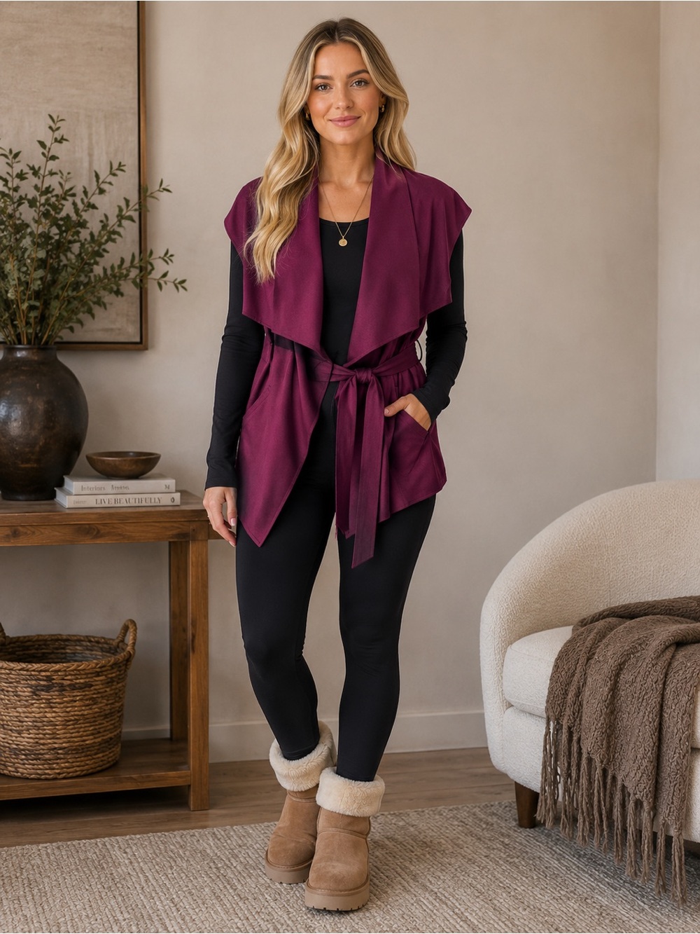 Women’s Sleeveless Open Front Belted Vest - Plum